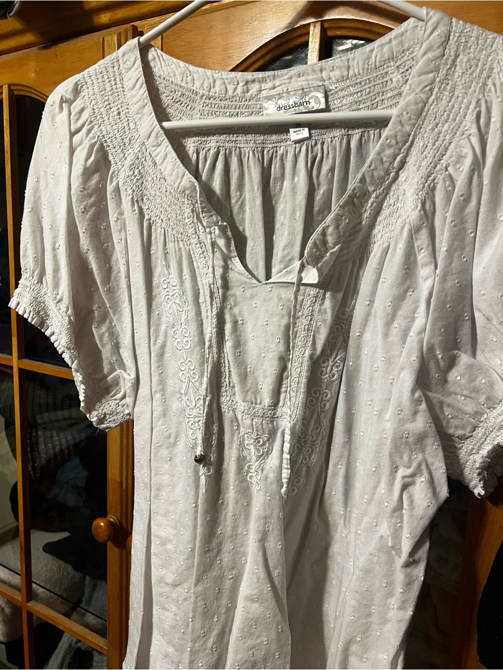 dressbarn White Embroidered Peasant Blouse with Tie